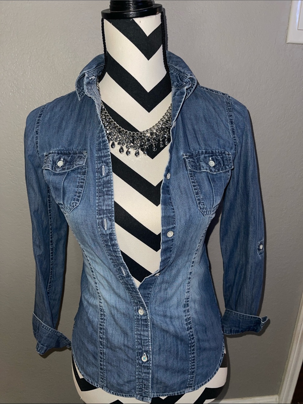 SO Women's Faded Blue Denim Button-Down Shirt